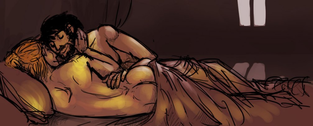 2boys anders_(dragon_age) cuddling dragon_age dragon_age_2 hawke in_bed male_only romantic_couple syberfox tagme