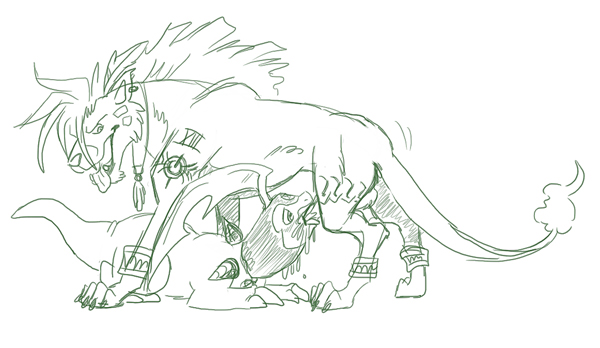 bayleef crossover cum fellatio feral feral_only final_fantasy final_fantasy_vii fire fur insertion interspecies male monochrome nude oral penis pokemon pokemon_(species) red_xiii side_view sketch tail tail_fire