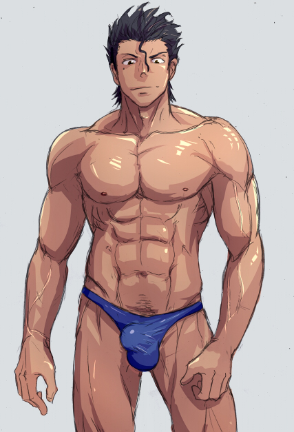 1boy abs balls_bulge balls_in_thong balls_in_underwear bara black_hair blue_thong blue_underwear brown_eyes bulge diarmuid_ua_duibhne fate/stay_night fate/zero fate_(series) funa_(artist) grey_background hair_over_face hair_strand human human_only lancer lancer_(fate/zero) looking_down male male_focus male_only muscle muscles muscular muscular_male nipples pecs penis_in_underwear shiny shiny_skin simple_background six_pack smirk solo solo_focus solo_male standing tan tan_body tan_skin thong thong_only toned toned_body toned_male topless underwear underwear_only veiny_muscles