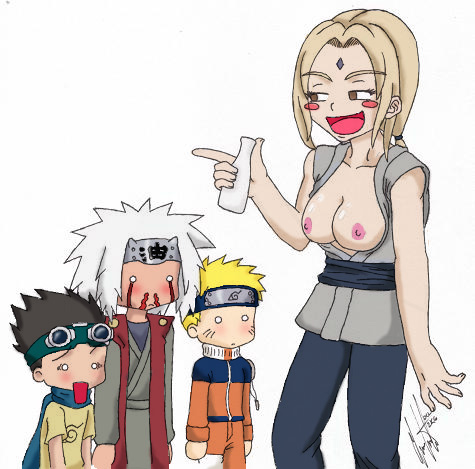 1girls 3boys alcohol dcl drunk exposed_breasts female human jiraiya male naruto sarutobi_konohamaru tsunade uzumaki_naruto