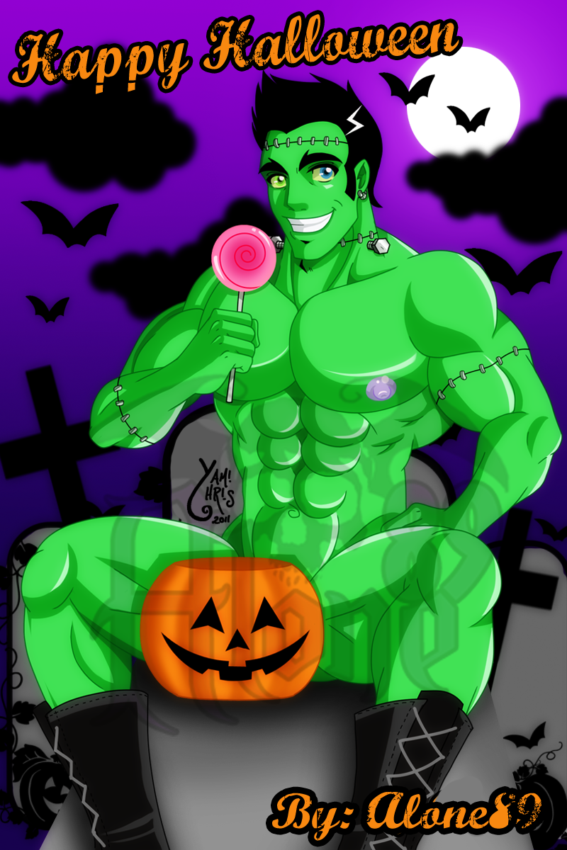 1boy alone89 bara bats bolts boots candy erect_nipples frankenstein frankenstein's_monster full_moon green_skin halloween jack-o'-lantern lollipop male male_only muscle naked_footwear no_visible_genitalia nude solo stitches tagme