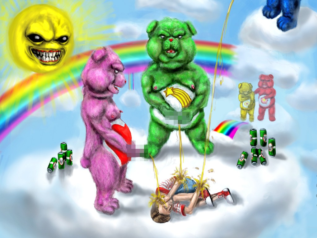 anthro anthro_on_human anthro_on_male beer care_bear cloud golden_shower multiple_boys nightmare_fuel on_cloud peeing peeing_on_another piss pissing rainbow standing standing_pee tagme tenderheart_bear thanks-a-lot_bear urinating urinating_male urination urine_splatter urine_stream watersports what