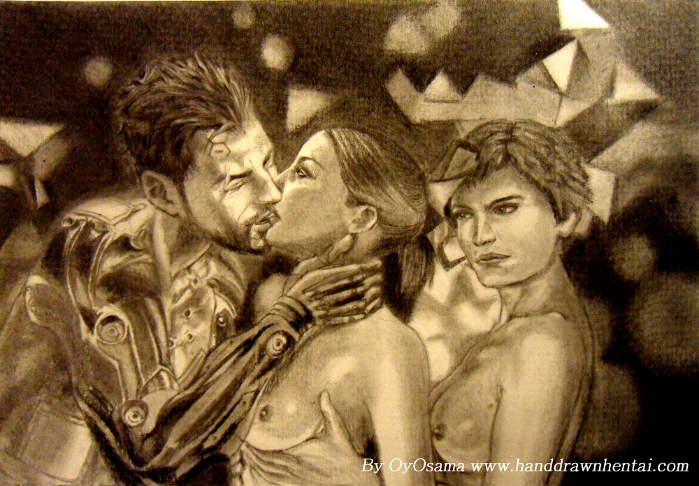 1boy 2girls adam_jensen breasts cyborg deus_ex faridah_malik hand_drawn handdrawnhentai human_revolution megan_reed prosthetic_arm