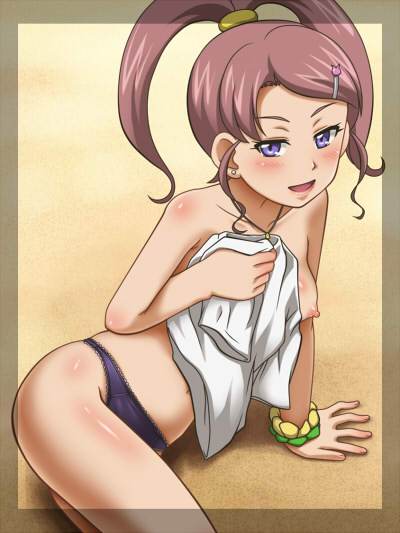 arm_support awa bare_shoulders blush breasts brown_hair covering digimon digimon_xros_wars earrings female female_only hair_ornament high_ponytail jewelry long_hair lying nene_amano nipples on_side panties purple_eyes purple_panties smile solo split_ponytail underwear