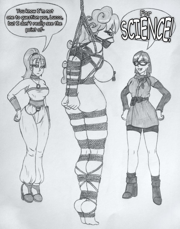 3girls ayla_(chrono_trigger) bondage bound chrono_(series) chrono_trigger dialogue english_text female female_only gag gagged large_breasts lucca_ashtear marle monochrome multiple_girls nipples raver1357 rope speech_bubble text yuri