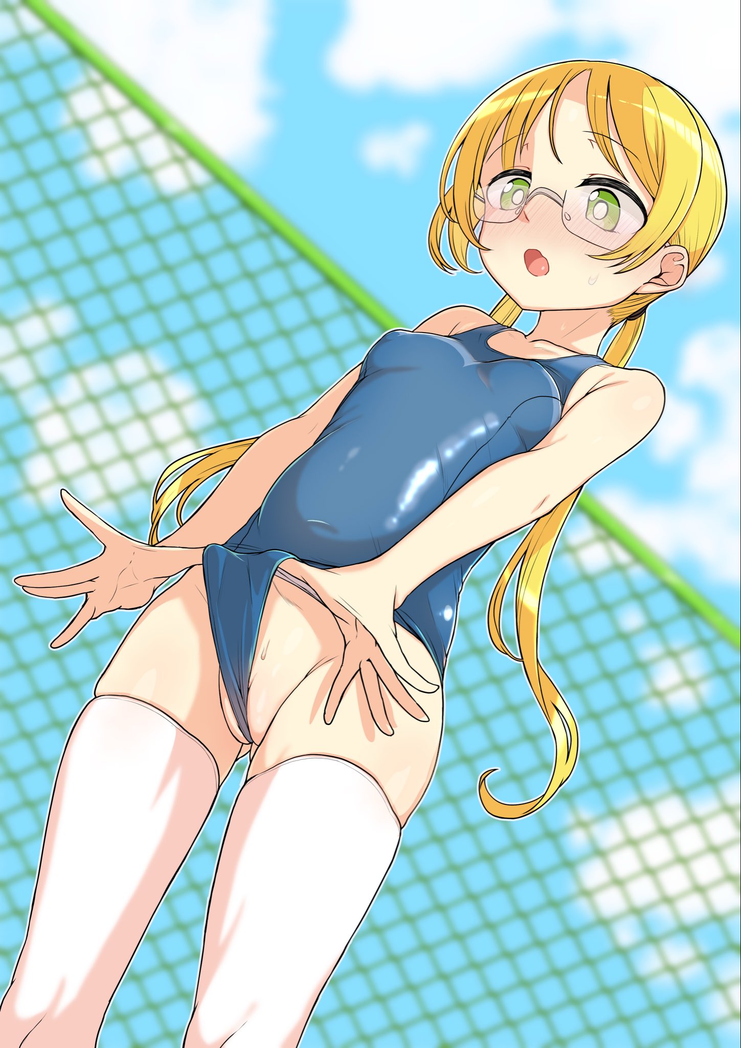 alternate costume, between labia, blonde hair, blue swimsuit, blush, female, female only, green eyes, labia, looking at viewer, looking down, low-angle view, made in abyss, nipple bulge, one-piece swimsuit, outdoors, riko (made in abyss), school swimsuit, small breasts, solo, sweatdrop, swimsuit, thighhighs, twintails, wedgie, white legwear, white thighhighs, yaguchiyuki