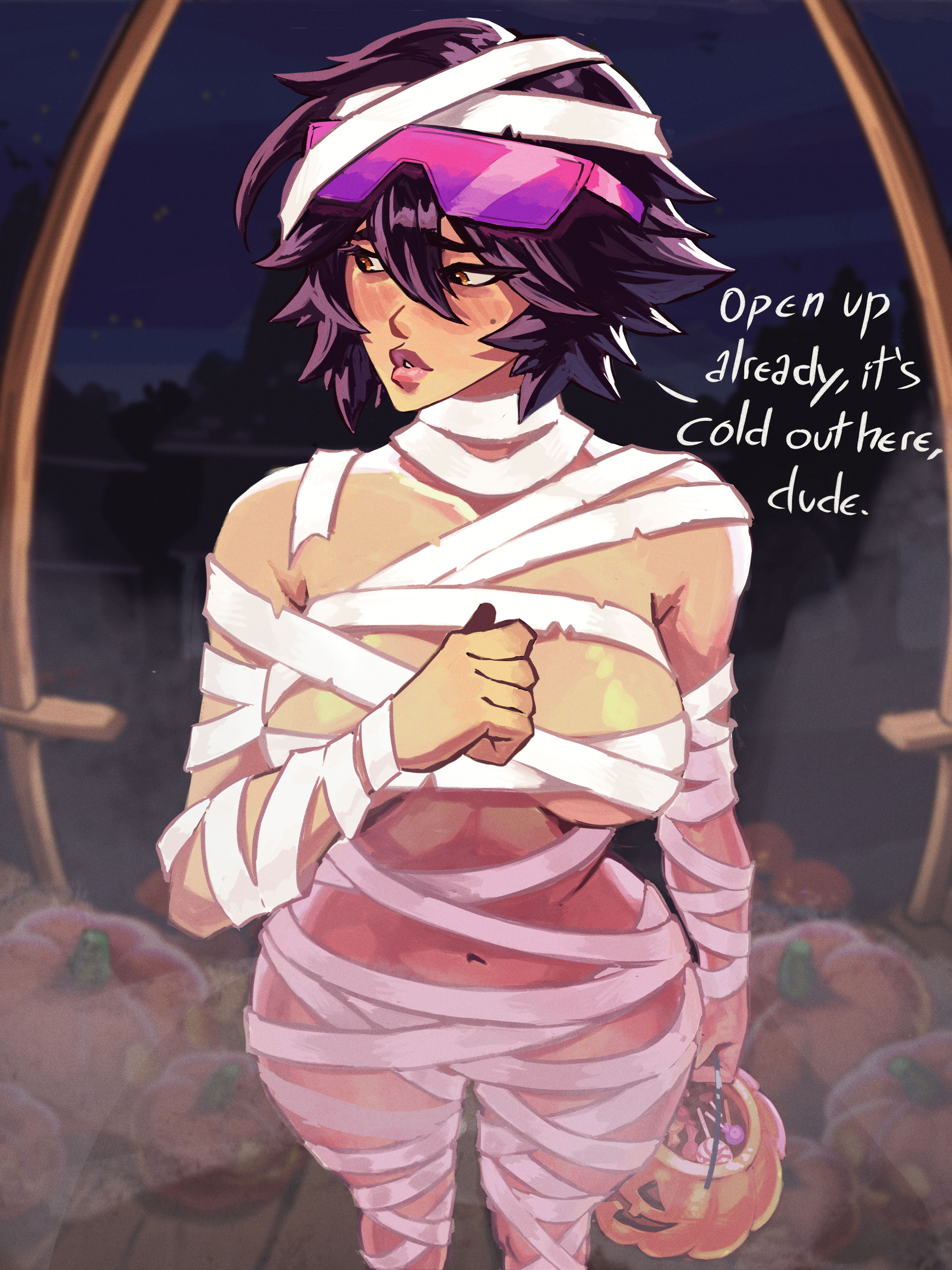 2d, ass, breasts, cold, doorbell, doorbell camera, female, furgotmyname, halloween, halloween costume, jubilation lee, jubilee, jubilee (marvel rivals), marvel, marvel rivals, mummy costume, mummy wrappings, partially clothed, pov, trick or treat, x-men