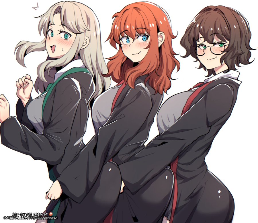2026, 3girls, draco malfoy, draco malfoy (redteneri), harry james potter, harry potter, hinghoi, princesshinghoi, ron weasley, rule 63, tagme