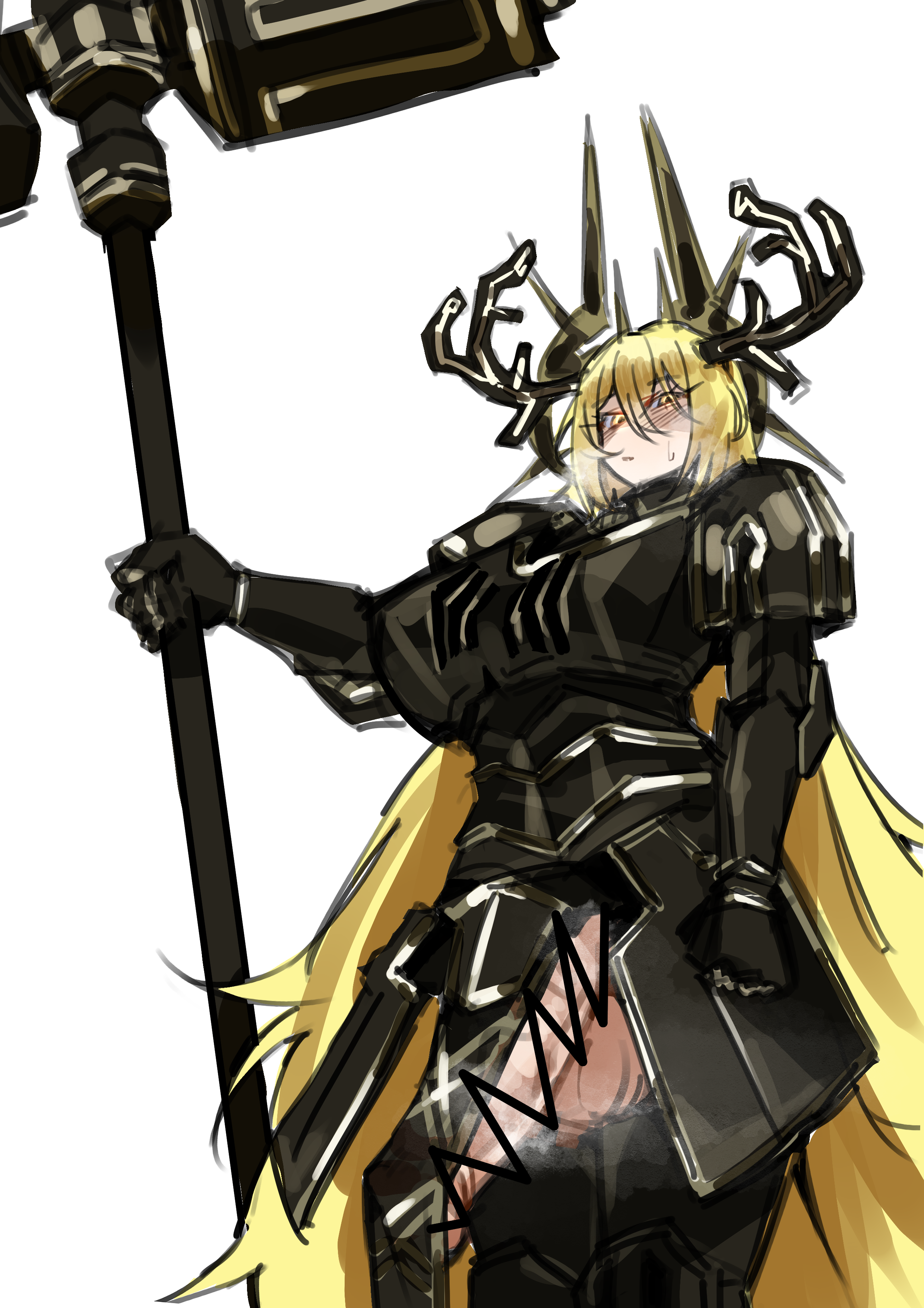 1futa, 1girl, antlers, armor, armored leotard, arms up, black armor, black cape, blonde hair, blush, boots, cape, cat nip, closed mouth, commentary request, don quixote (limbus company), full body, futanari, gold trim, halo, hammer, hands up, highres, holding, horns, leotard, limbus company, long hair, looking at viewer, multiple views, nail (hardware), orange eyes, project moon, reindeer antlers, solo, solo futa, sweat, very long hair, weapon, yellow eyes