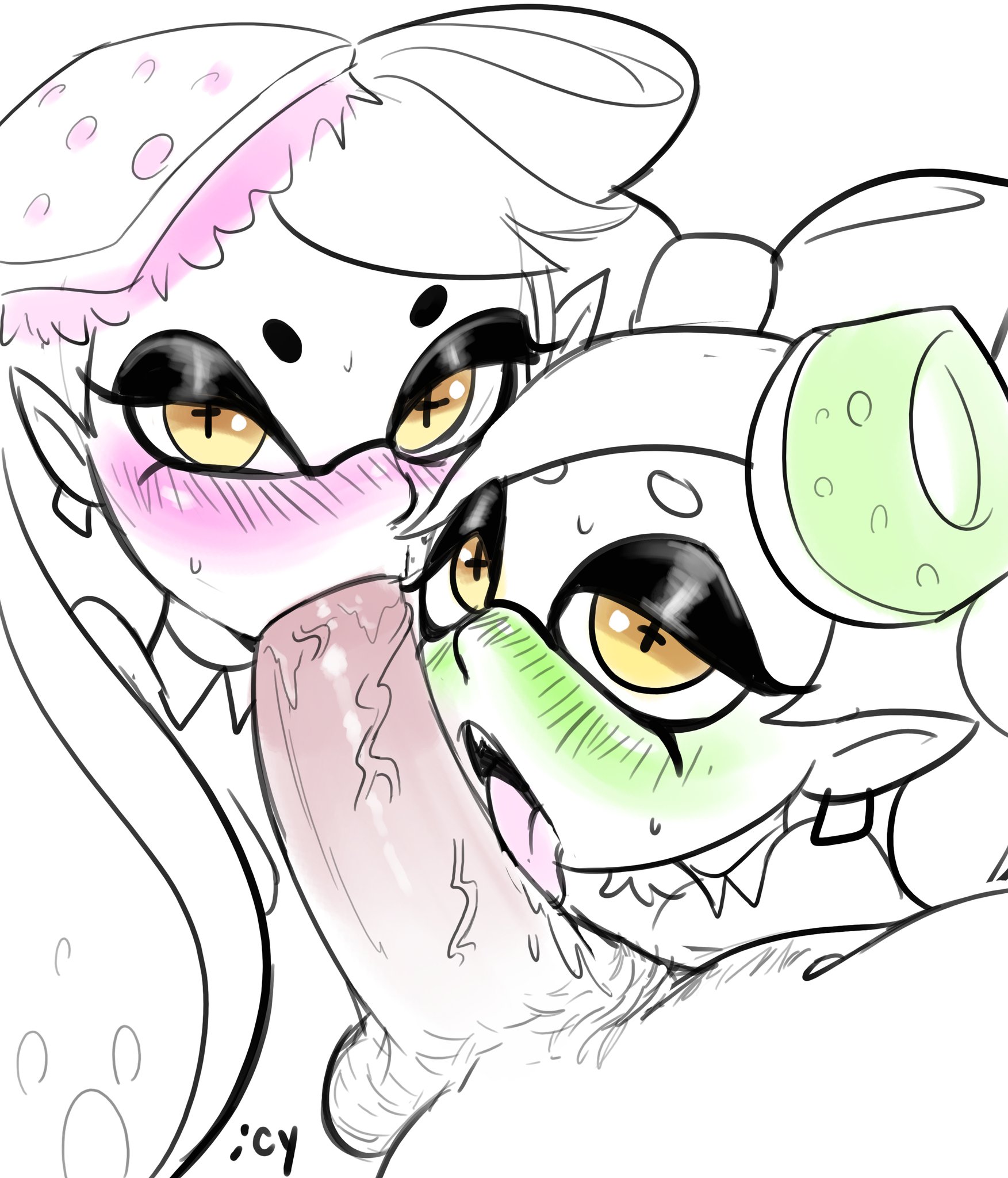 balls, blush, callie (splatoon), cousins, female, ffm threesome, hair ornament, iseenudepeople, licking, limited palette, looking at viewer, male, marie (splatoon), nintendo, oral, oral sex, penis, pov, sex, splatoon, squid sisters, straight, sucking, tentacle hair, testicles, threesome, yellow eyes