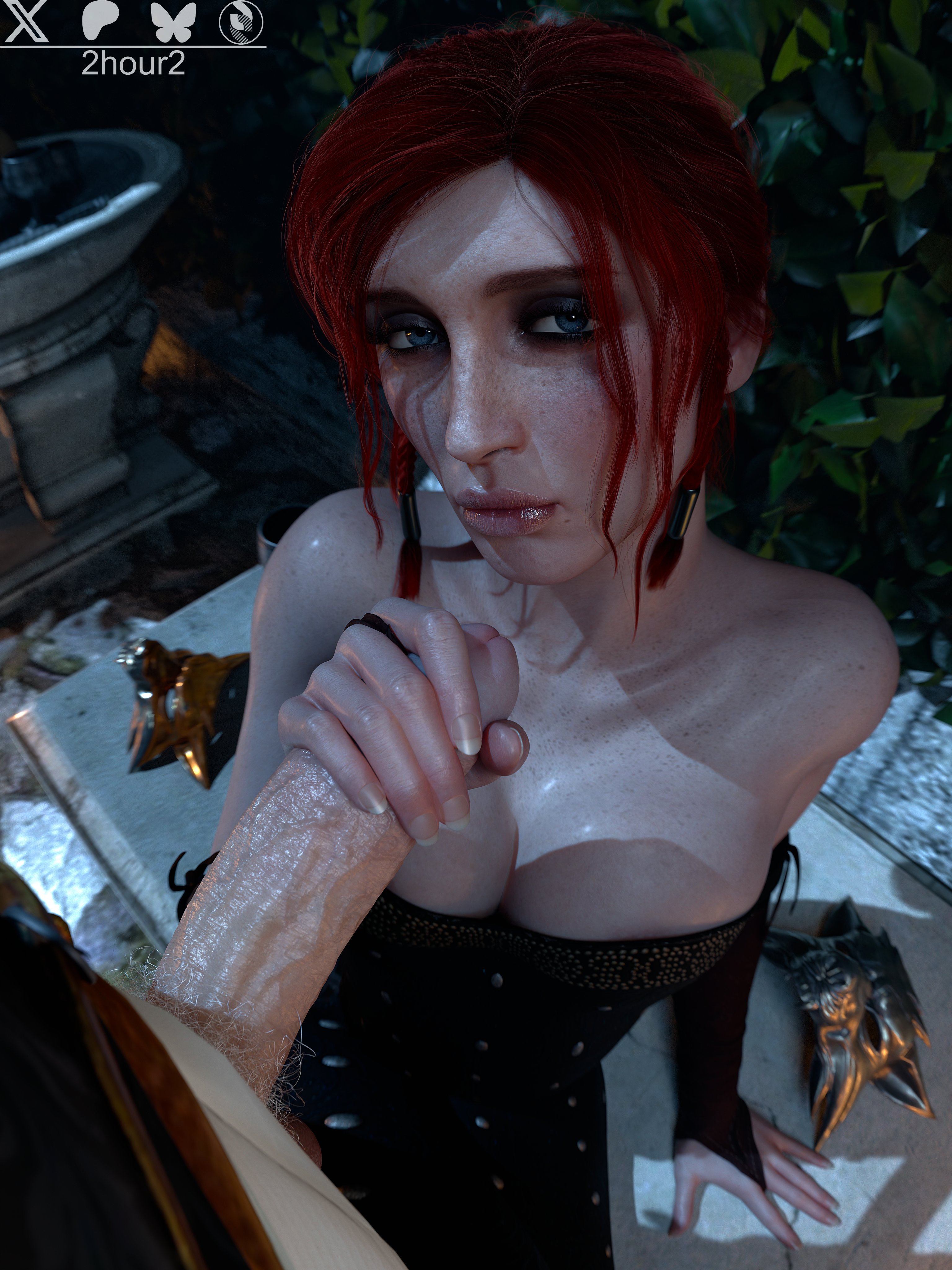 1boy, 1girls, 2hour2, 3d, big penis, blue eyes, breasts, cd projekt red, dress, female, freckles, freckles on face, geralt of rivia, handjob, imminent oral, light skin, light-skinned female, light-skinned male, male, mascara, mask, penis, penis grab, red hair, the witcher (series), the witcher 3: wild hunt, triss merigold, twitter link, unseen face, unseen male face