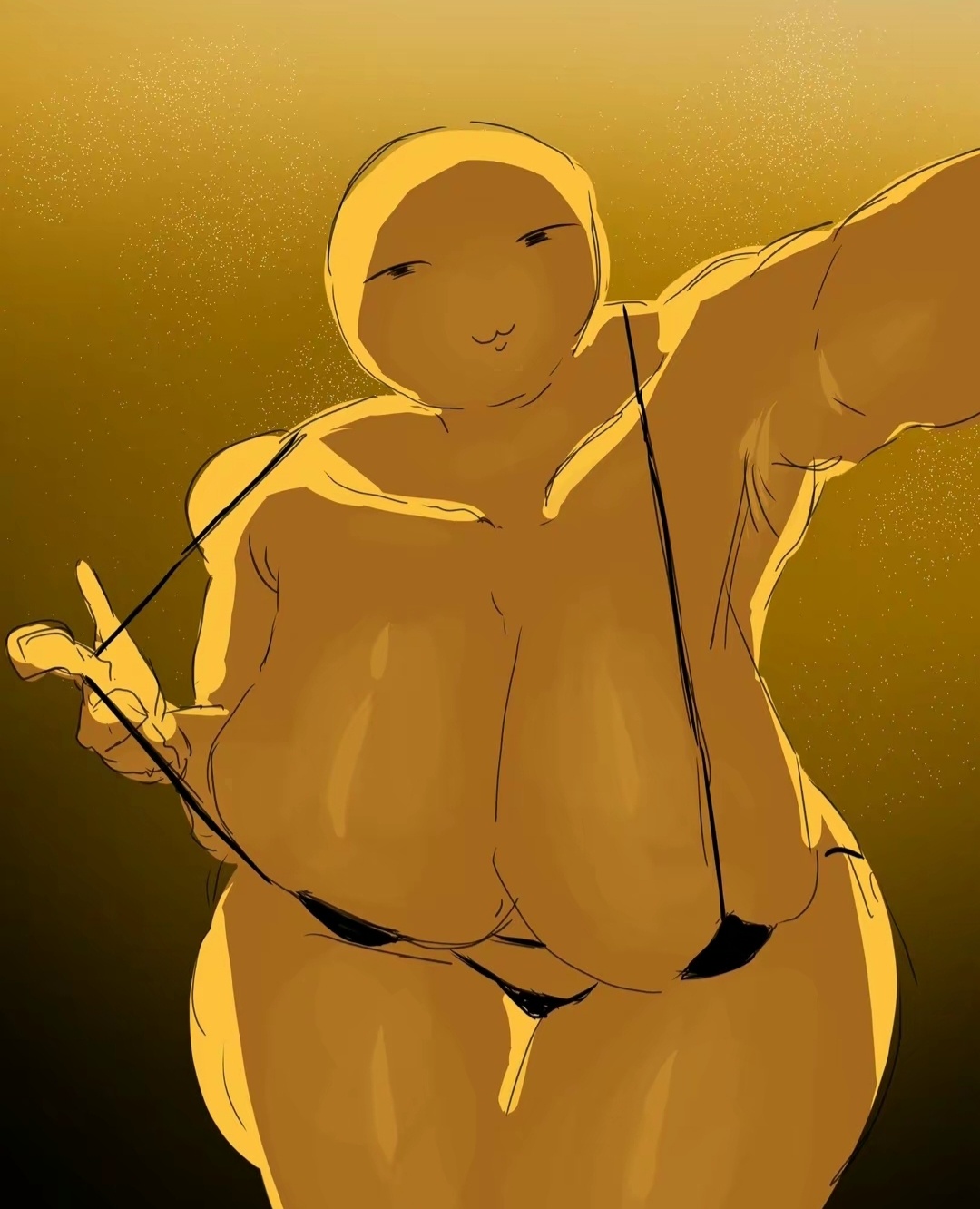 :3, bald, bikini, breasts, breasts bigger than head, female, massive breasts, teasing, thick thighs, verity (thatmob)