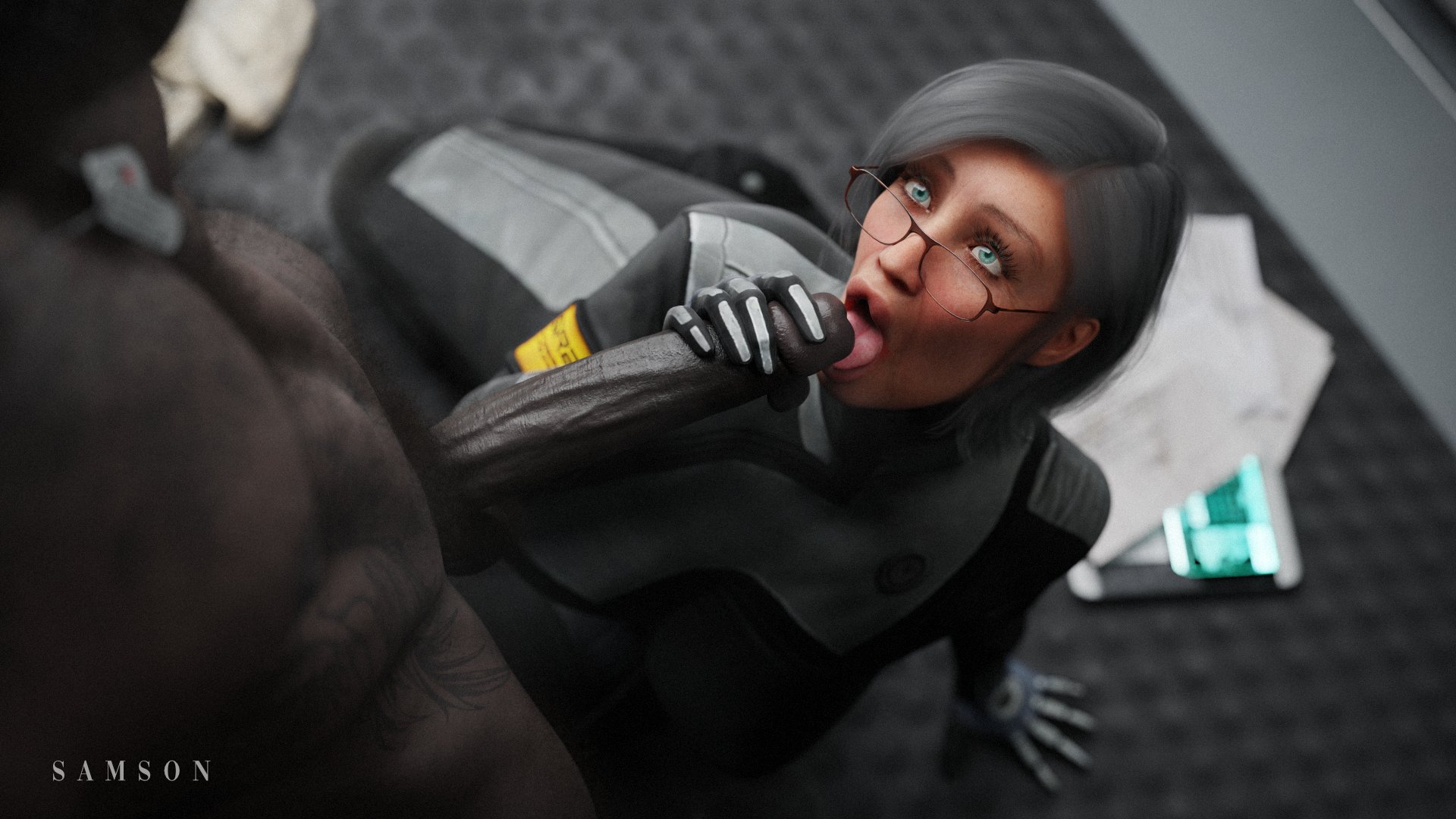 3d, 3d (artwork), 3d model, bioware, commander shepard, dark skin, dark-skinned male, dr. karin chakwas, fully clothed female, gilf, glasses, grey hair, huge cock, interracial, john shepard, light skin, light-skinned female, mass effect, mass effect 2, mass effect 3, nude male, older female, older female and younger male, oral, paperwork, samsonsharem, scattered papers, short hair, sitting on floor, younger male