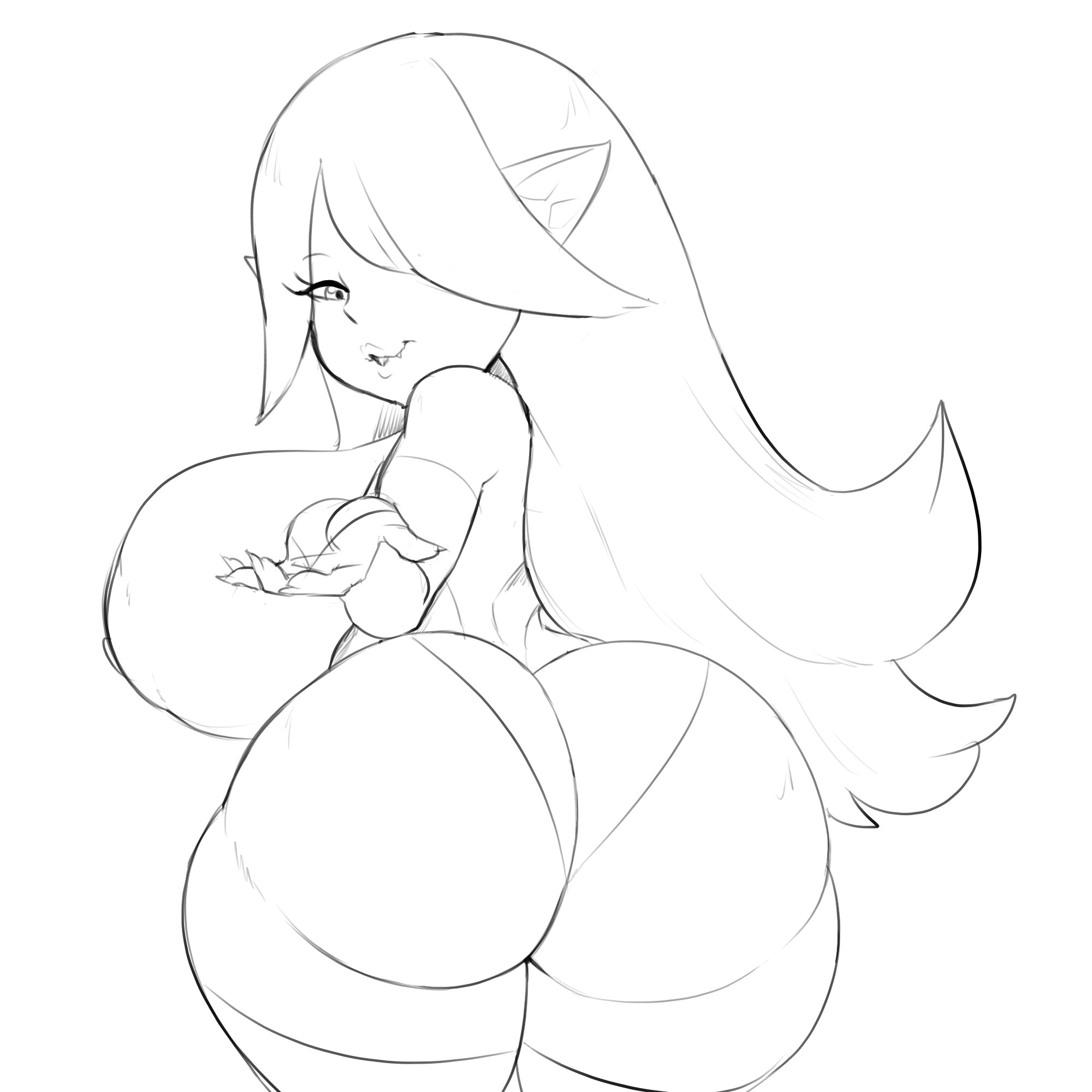 ass, big ass, big breasts, big butt, breasts, bubble ass, bubble butt, dart (thecon), fat ass, fat butt, female, female only, goblin, goblin female, huge ass, huge breasts, huge butt, large ass, large breasts, large butt, line art, long hair, looking at viewer, looking back, original character, pointed ears, pointy ears, shortstack, thecon, thick ass, thick legs, thick thighs, top heavy, voluptuous, wide hips