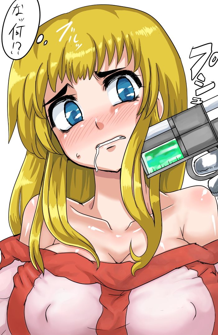 arc_the_lad blonde_hair blue_eyes blush breasts bully bullying cleavage clenched_teeth drooling drug drugged drugs erect_nipples female getter gun huge_breasts lieza nipples saliva scared simple_background sweat teeth terror text translation_request weapon white_background