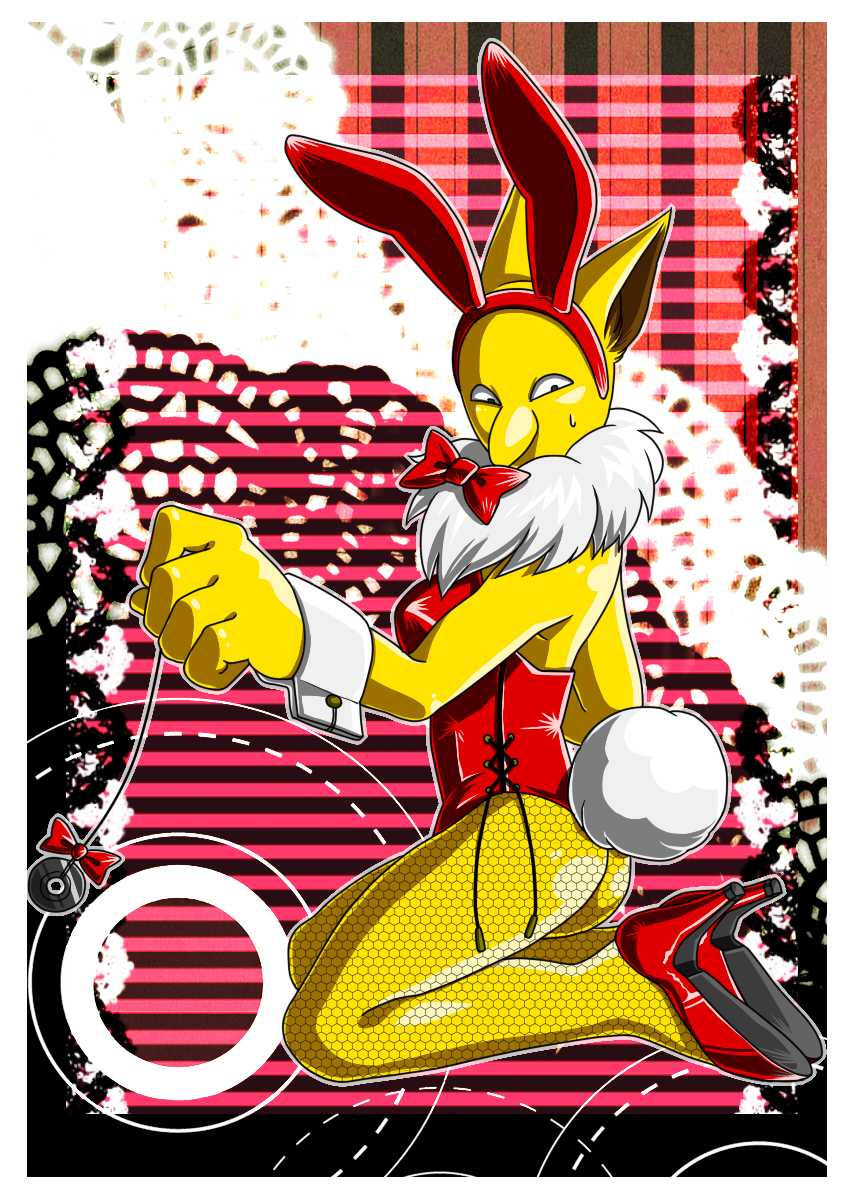 5_fingers anthro ass bowtie bunnysuit clothes color fake_ears fake_tail female female_hypno female_only holding hypno kneeling looking_at_viewer looking_left open_eyes pointy_ears pokemon pokemon_(species) side_view solo tail yellow_eyes