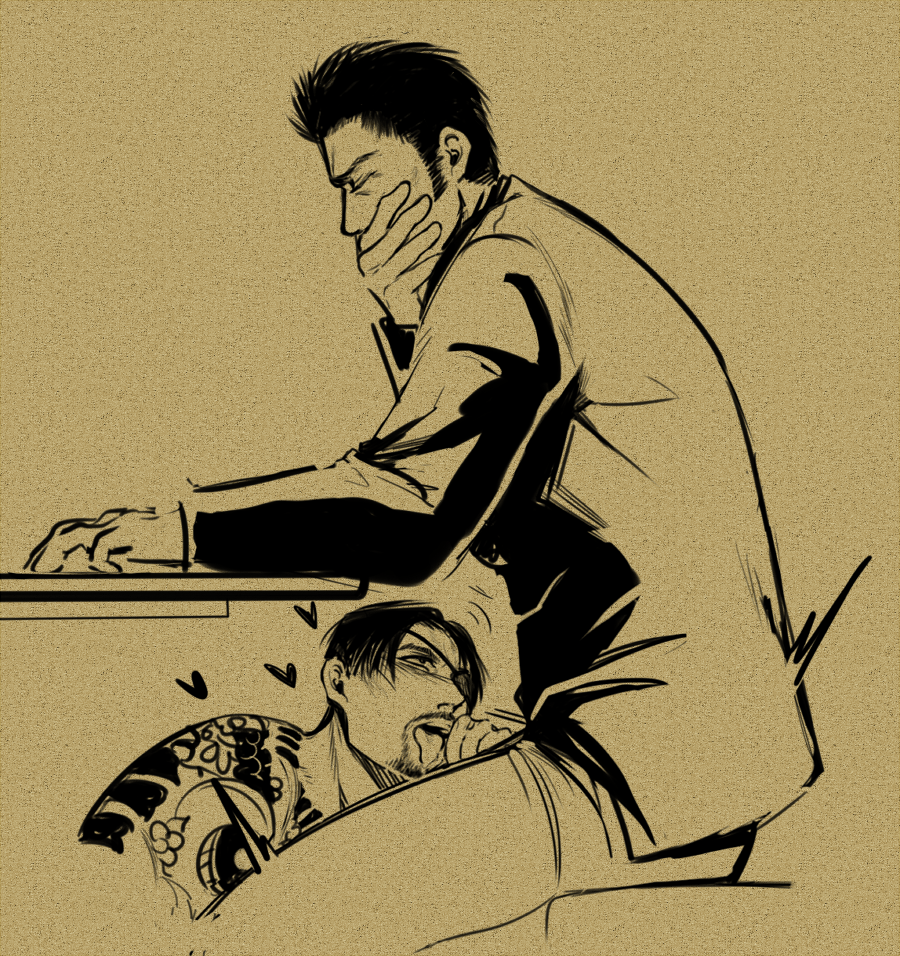 2boys, blowjob, blush, censored, desk, eyepatch, facial hair, fellatio, gay, handjob, human artist, invisible penis, kiryu kazuma, majima goro, male, male focus, male only, monochrome, multiple boys, multiple males, no ai, oral, penis, ryuu ga gotoku, sitting, source request, tagme, tattoo, tongue, tongue out, under desk, under the table, wince, yaoi