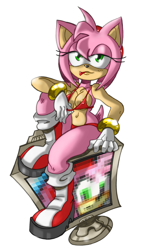 amy_rose anthro bikini boots bracelet breasts clothes color female female_only fur furry furry_only gloves green_eyes hedgehog medium_breasts pink_fur short_hair simple_background sitting solo sonic_(series) the_brave white_background