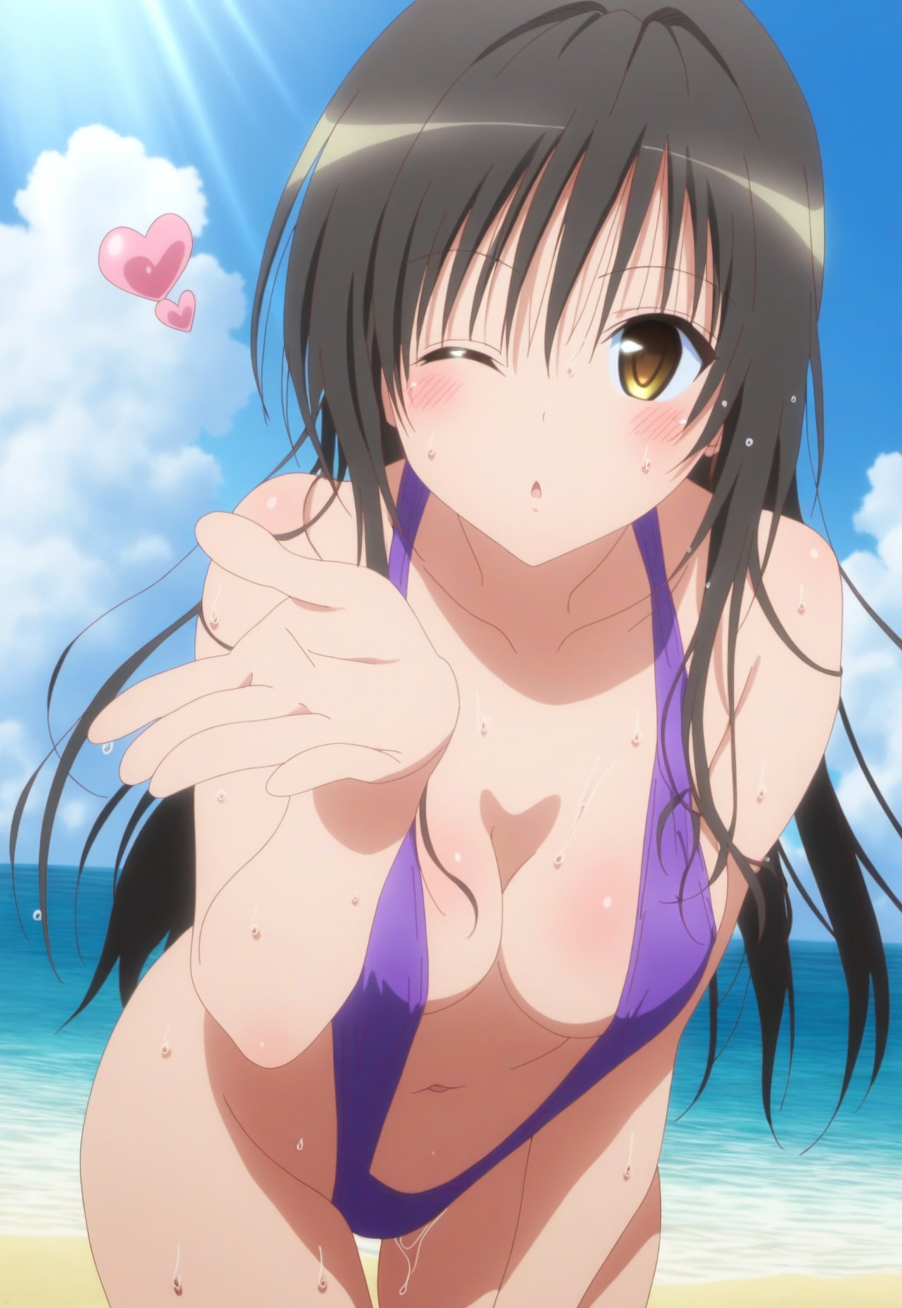 ;o ai_generated beach bikini black_hair blowing_kiss blush breasts brown_eyes bush censored_breasts censored_vagina cleavage clothing cloud day female groin heart kissing kotegawa_yui large_breasts leaning_forward legs long_hair looking_at_viewer medium_breasts micro_bikini navel ocean one-piece_swimsuit one_eye_closed open_mouth outdoors sea seducing sephiaton955 sky solo student sunbeam sunlight swimsuit teenage_girl teenager to_love-ru water wet wink yellow_eyes