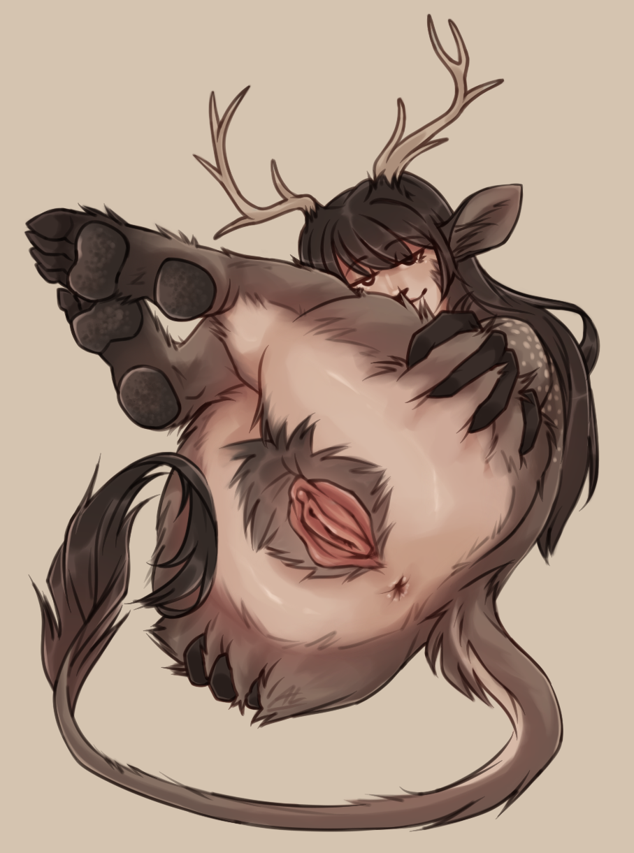 animal_ear_fluff animal_ears black_hair deer deer_antlers deer_ears deer_girl deer_horns deer_humanoid fur hairy hairy_legs hairy_pussy half_deer half_human kemonomimi long_hair pussy