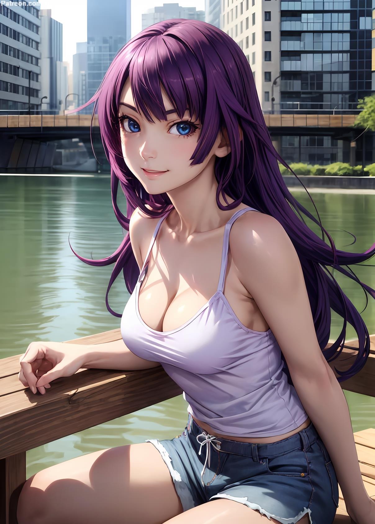 1girls 2d ai_generated athletic athletic_female bakemonogatari bare_shoulders belly blue_eyes chest cleavage curvy curvy_figure cute cute_face detailed dolphin_shorts eyelashes eyeshadow female female_only fit fit_female focus high_quality hime_cut legs light-skinned_female light_skin lips lipstick long_hair looking_at_viewer makeup mascara medium_breasts midriff monogatari_(series) naked navel nero100 nisemonogatari pale-skinned_female pale_skin petite petite_body posing purple_hair seductive seductive_look senjougahara_hitagi shorts skin_tight stable_diffusion tagme tank_top thighs young younger_female