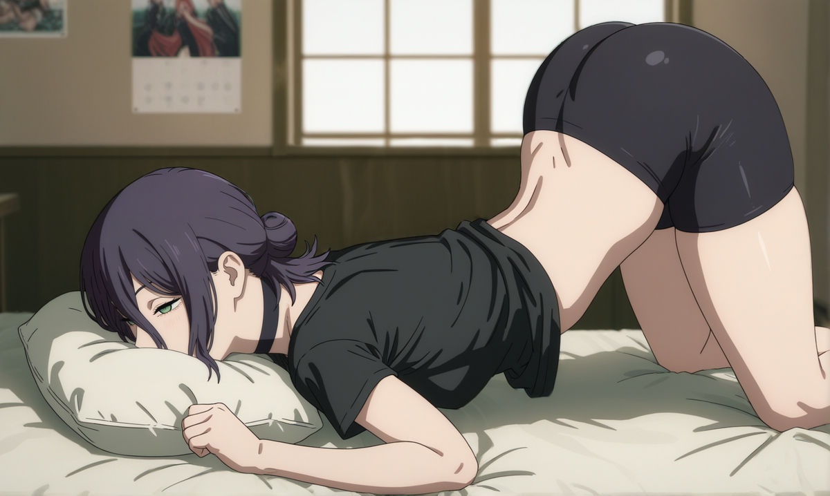 1girls, ai generated, ass up, bed, bike shorts, chainsaw man, face down ass up, kreivan, purple hair, reze (chainsaw man), spandex shorts