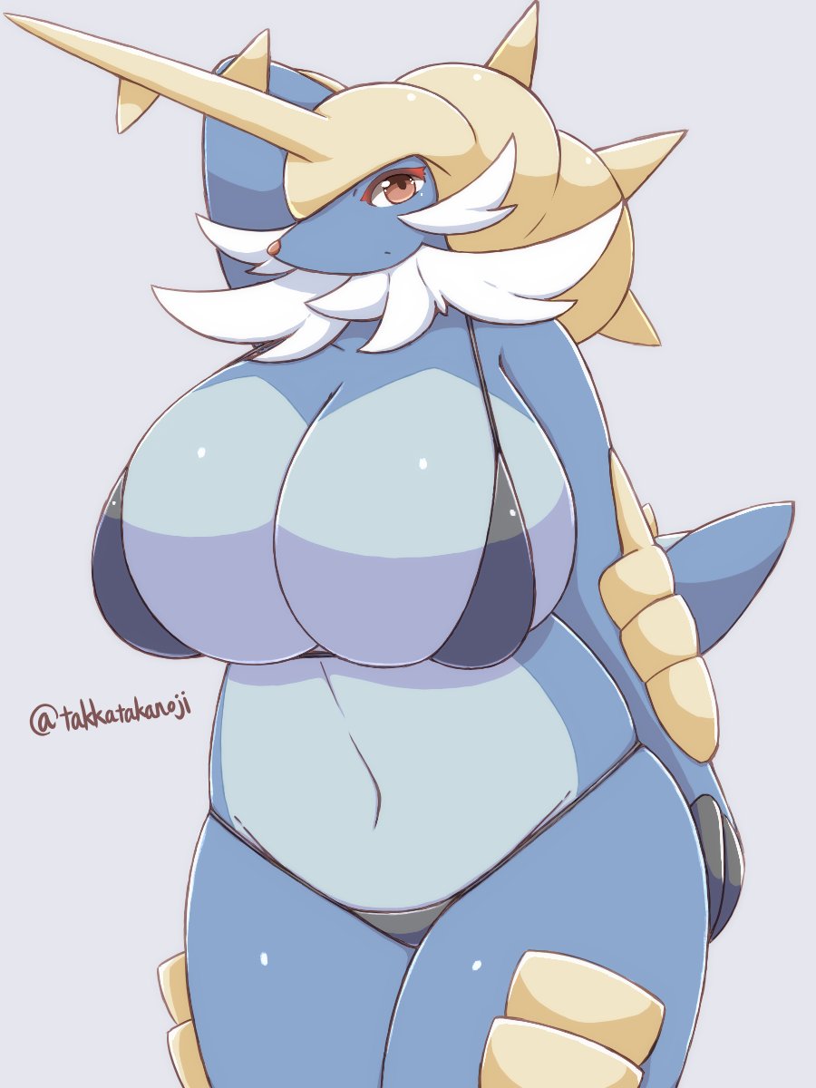 1girls 2023 anthro arm_behind_head big_breasts bikini female female_only generation_5_pokemon huge_breasts looking_at_viewer nintendo pokemon pokemon_(species) red_eyes samurott solo takkatakanoji thick_thighs