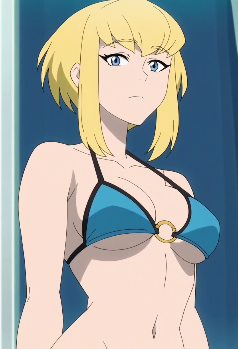 ai generated, bikini, blonde hair, dc, dc comics, female, kara zor-el, missingthumb, my adventures with superman, pixie crop, pixie crop bangs, pixie crop female, pixie crop hair, pixie crop with long locks, pixie cut, pixie cut bangs, pixie cut female, pixie cut hair, pixie cut with long locks, short hair, short hair bangs, short hair with long locks, short-haired female, solo, supergirl, supergirl (my adventures with superman), superman (series)