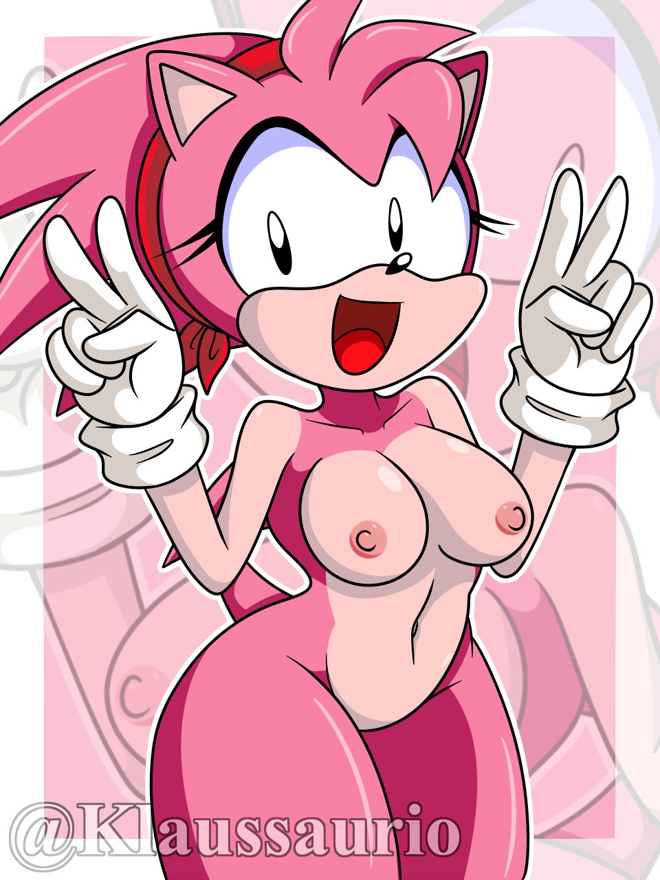 2d 2d_(artwork) amy_rose anthro anthro_female belly_button breasts classic_amy_rose classic_sonic_(universe) completely_naked completely_naked_female completely_nude completely_nude_female hairwear headband headgear hedgehog hedgehog_girl klaussaurio naked naked_female nipples peace_sign sega sonic_(series) sonic_cd sonic_the_hedgehog_(series) staring_at_viewer tagme