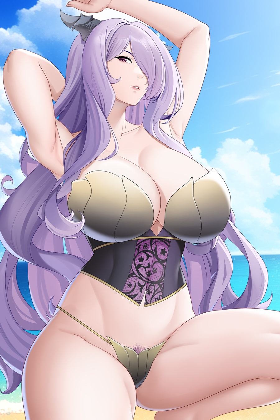 1girls alternate_costume aslindsamure beach breasts brown_bikini brown_swimsuit camilla_(fire_emblem) female female_only female_pubic_hair fire_emblem fire_emblem_fates hair_over_one_eye large_breasts light-skinned_female long_hair nintendo ocean pubic_hair pubic_hair_peek purple_eyes purple_hair solo yellow_bikini yellow_swimsuit