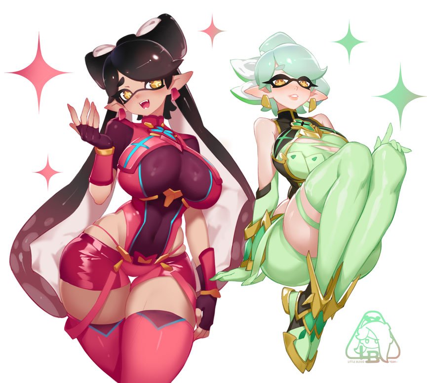 2girls alternate_costume breasts callie_(splatoon) core_crystal cosplay female female_only large_breasts marie_(splatoon) monolith_soft mythra_(xenoblade)_(cosplay) nintendo pyra_(xenoblade)_(cosplay) splatoon tagme xenoblade_(series) xenoblade_chronicles_2