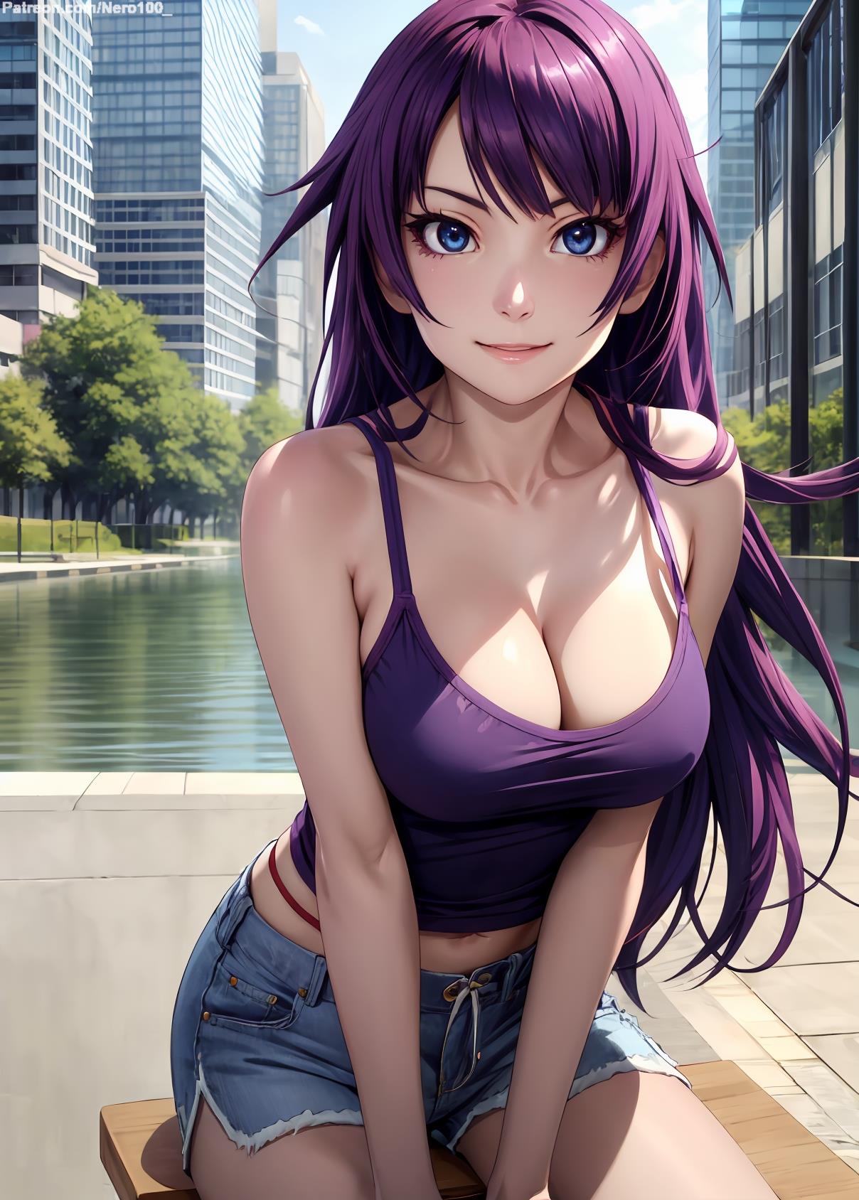 1girls 2d ai_generated athletic athletic_female bakemonogatari bare_shoulders belly blue_eyes chest cleavage curvy curvy_figure cute cute_face detailed dolphin_shorts eyelashes eyeshadow female female_only fit fit_female focus high_quality hime_cut leaning leaning_forward legs light-skinned_female light_skin lips lipstick long_hair looking_at_viewer makeup mascara medium_breasts midriff monogatari_(series) naked navel nero100 nisemonogatari pale-skinned_female pale_skin petite petite_body posing purple_hair seductive seductive_look senjougahara_hitagi shorts skin_tight stable_diffusion tagme tank_top thighs young younger_female