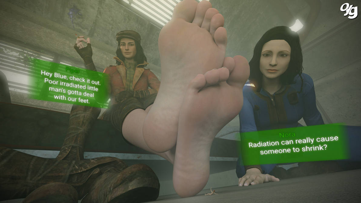 3d, barefoot, bethesda softworks, boots, brown eyes, brown hair, clothed, fallout, fallout 4, feet, feet focus, feet together, foot fetish, foot worship, giant female, giantess, nora (fallout 4), piper wright, size comparison, size difference, smelly, smelly feet, sole survivor, sole survivor (female), soles, toes, vault suit