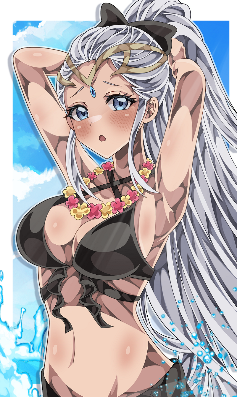 1girls alternate_costume armpits arms_up bikini black_bikini black_swimsuit blue_eyes blush bow breasts cleavage commission eir_(fire_emblem) eir_(summer)_(fire_emblem) female female_only fire_emblem fire_emblem_heroes flower flower_necklace gold_tiara grey_hair hairbow highres large_breasts lei long_hair navel nintendo official_alternate_costume open_mouth ponytail shiki_(kisikisi1007) sidelocks skeb_commission swimsuit tiara water