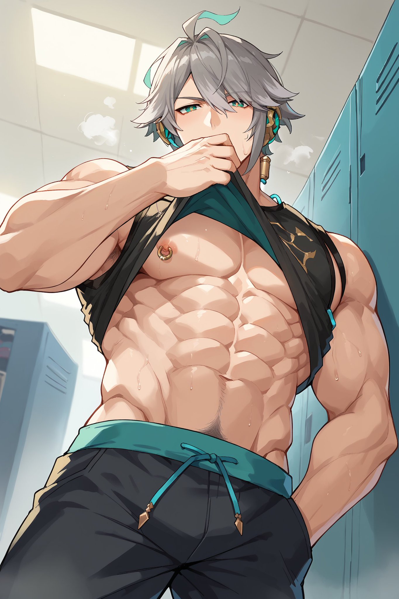 abs, ai generated, alhaitham (genshin impact), genshin impact, green eyes, grey hair, gym, gym clothes, locker room, male, male focus, motoki ro, muscular, muscular male, point of view, shirt up, shorts, sleeveless shirt, solo male
