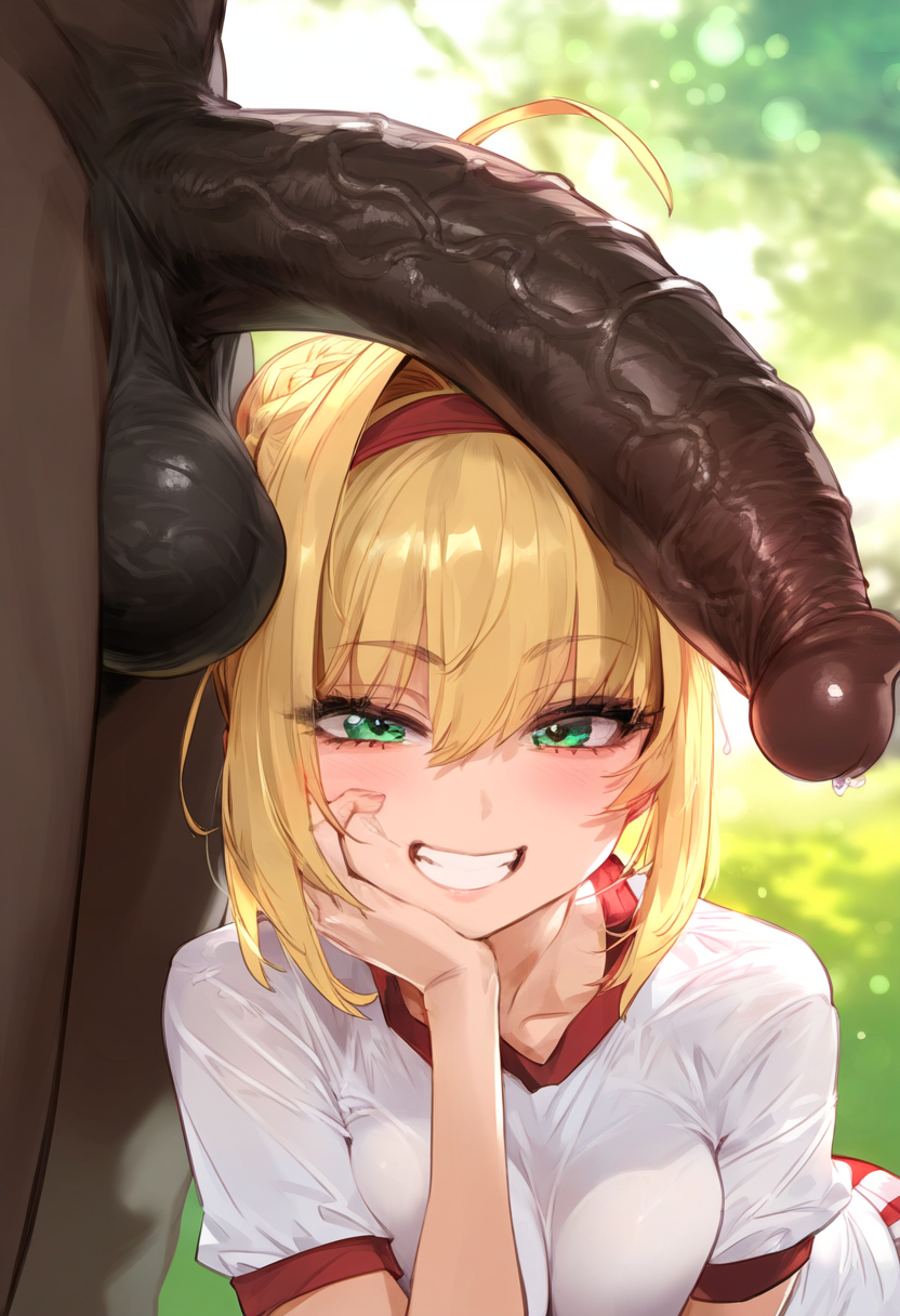 ai_generated big_penis blonde_hair dark-skinned_male fate_(series) interracial kord_ai nero_claudius_(fate) penis smile veiny_penis