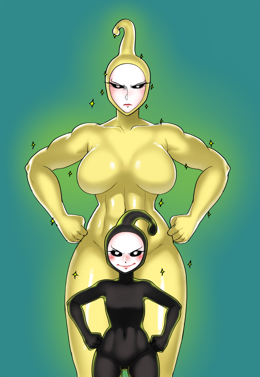 2016 2girls black_sclera black_skin black_sperm blush breasts cheek_spots colored_sclera colored_skin genderswap_(mtf) golden_sperm hands_on_hips large_breasts looking_at_viewer multiple_girls muscular muscular_female nail_polish navel no_pupils one-punch_man personification rule_63 rule_63 size_difference smiling smiling_at_viewer thegoldensmurf white_eyes yellow_skin