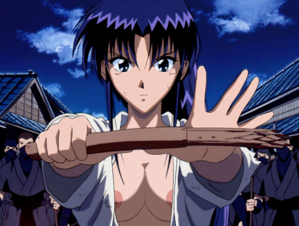 1girls blue_hair breasts female hair_ribbon human kaoru_kamiya large_breasts long_hair nipples pale-skinned_female pale_skin ponytail rurouni_kenshin shounen_jump solo tagme