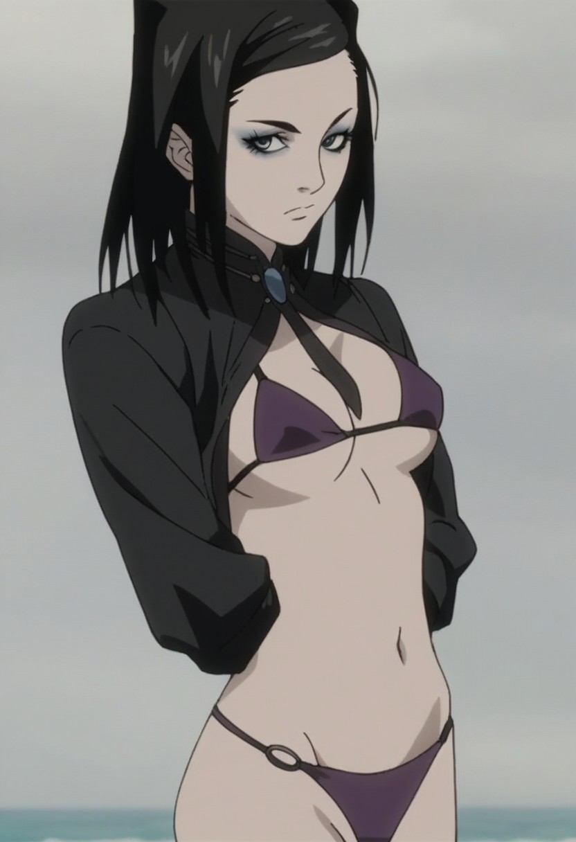 ai_generated arms_behind_back bikini black_hair ergo_proxy female goth makeup open_shirt outdoors re-l_mayer solo