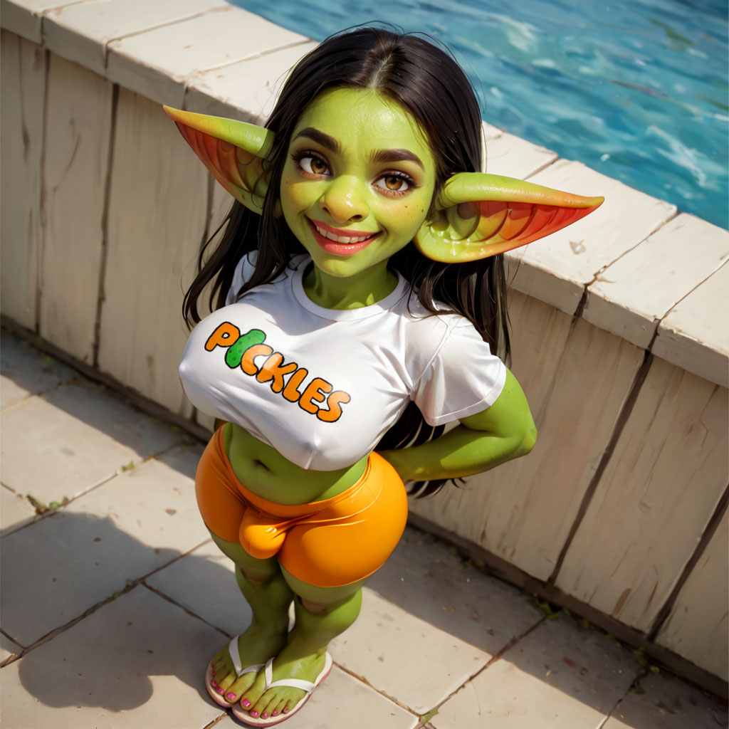 ai_generated black_hair bulge bulge_through_clothing chubby clothed compression_shorts feet flip-flops from_above futanari goblin goblin_futanari goblinenthusiast green_skin hooters hooters_(parody) hooters_uniform large_breasts looking_at_viewer nail_polish outdoors pointy_ears self_upload short_shorts shortstack smile t-shirt thick_thighs tight_shorts