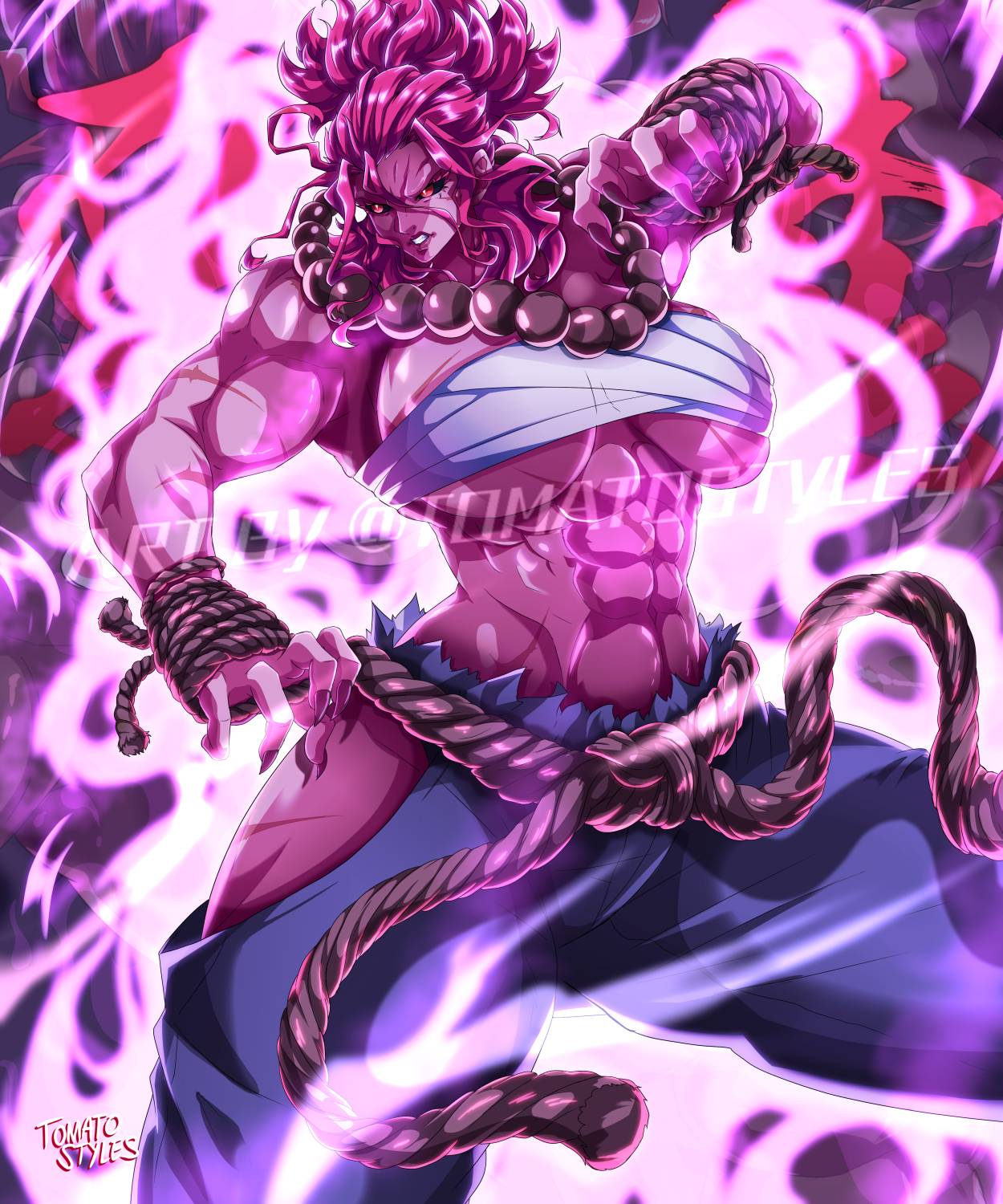 1girls abs action_pose akuma angry angry_face artist_logo aura bandage bandage_on_breasts beads biceps black_eyes breast_strap compressed_breasts fire inner_sideboob inverted_eyes long_hair messy_hair muscle_mommy muscles muscular_female necklace orange_eyes pink_fingernails pink_hair pink_lips pink_lipstick pink_skin ponytail prayer_beads ripped_clothing rope rope_belt round_breasts rule_63 solo solo_focus thick_thighs thunder_thighs tied_hair tomatostyles twitter_username underboob watermark