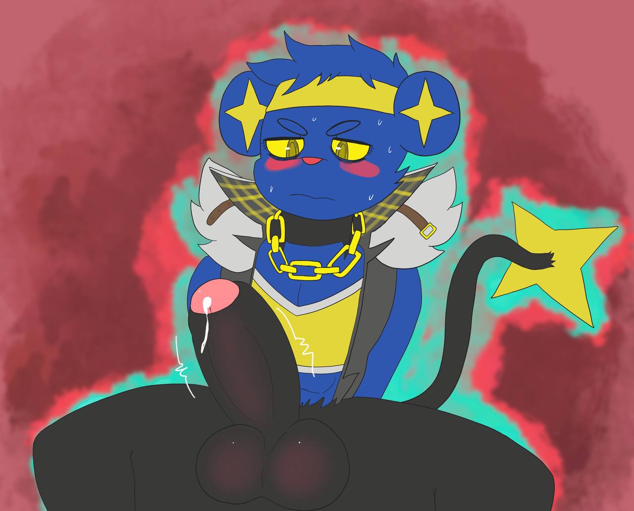 anthro balls blue_body blue_fur blush bodily_fluids clothed clothing cum digital_media_(artwork) erection felid fur generation_4_pokemon genital_fluids genitals lxzylux male mammal nintendo penis pokemon pokemon_(species) shinx simple_background solo tail topwear yellow_eyes