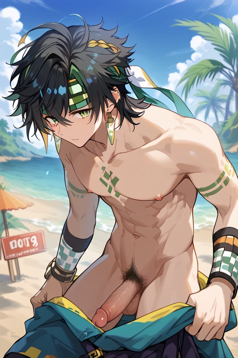 ai generated, balls, gay, genshin impact, kinich (genshin impact), male, male only, noahai, penis, tagme, yaoi