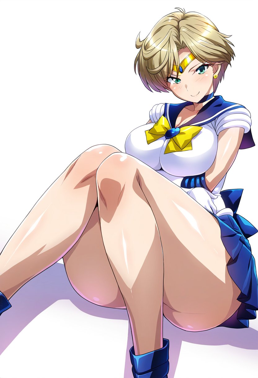 1girl 1girls 2024 2024s ai_generated big_breasts bishoujo_senshi_sailor_moon blonde blonde_female blonde_hair blonde_hair_female blue_eyes blue_skirt breasts clothed clothing deko female female_focus female_only hair haruka_tenou huge_breasts large_breasts sailor_collar sailor_uniform sailor_uranus short_hair simple_background sitting skirt smile thick_thighs thighs white_background wide_hips