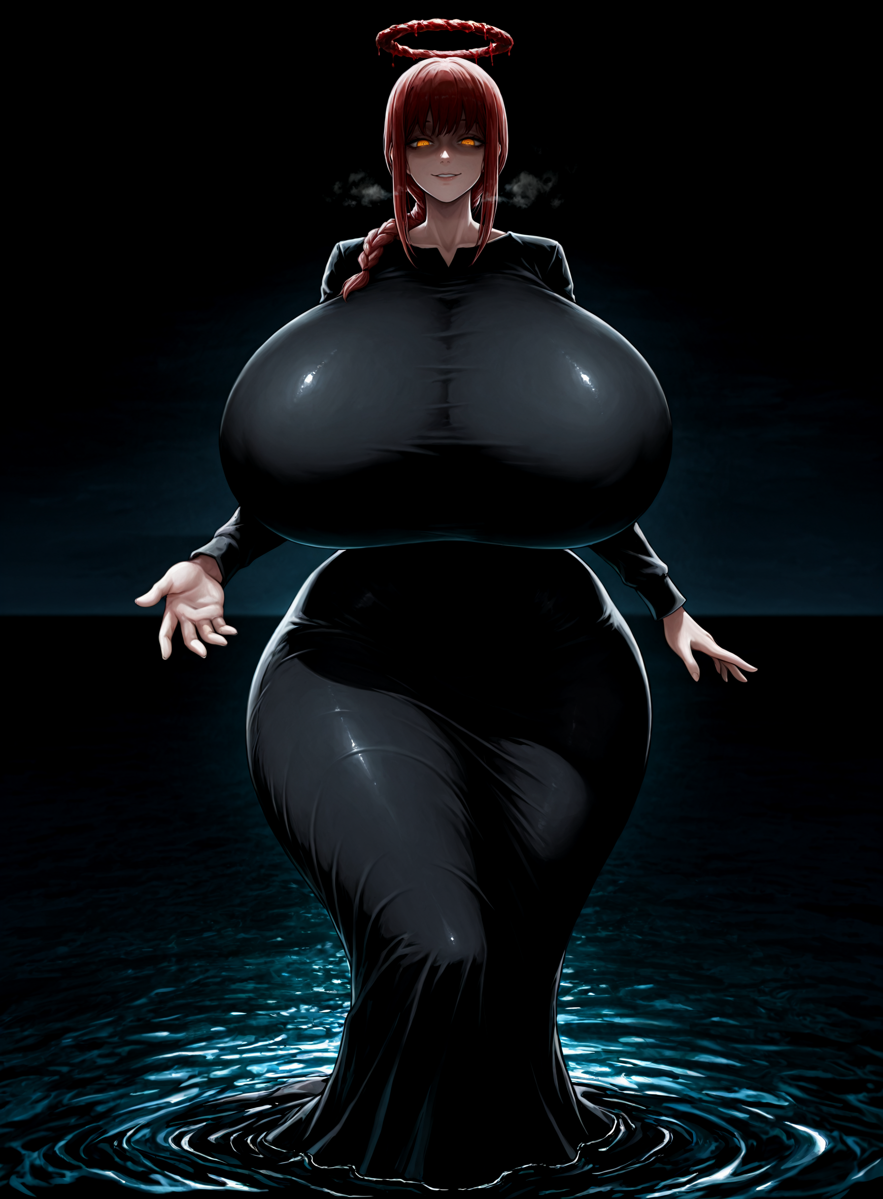 1girls, 2025, ai generated, bangs, big breasts, black dress, blood halo, braided hair, breasts, breasts bigger than head, chainsaw man, collarbone, creepy, curvaceous, curvaceous female, curvaceous figure, curves, curvy, curvy body, curvy female, curvy figure, curvy hips, devil, dress, fake smile, female, female focus, female only, gigantic breasts, glowing eyes, halo, heavy breathing, hi res, highres, hips, hips wider than shoulders, horror (theme), hourglass figure, huge breasts, large breasts, lips, long dress, long hair, looking at viewer, makima (chainsaw man), massive breasts, night, nunai, offering hand, outdoors, partially submerged, red hair, sea, shonen jump, shueisha, smile, solo, solo female, solo focus, steam, steamy breath, thick thighs, thighs, tight clothing, venus body, voluptuous, voluptuous female, water, wide hips