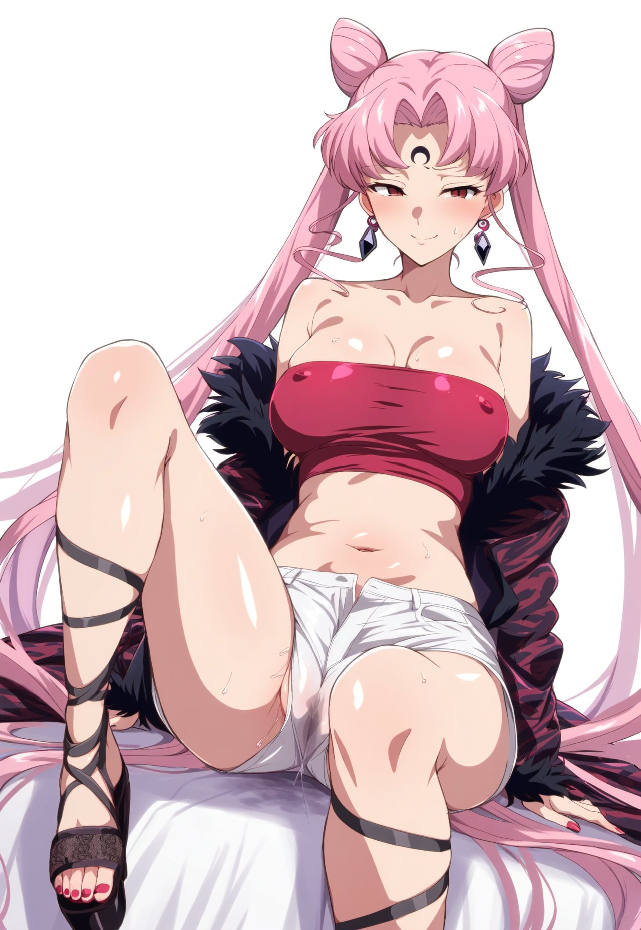 ai_generated big_breasts bishoujo_senshi_sailor_moon black_lady black_moon bun_hair chibi_usa clothing deko erect_nipples erect_nipples_under_clothes pink_hair pink_hair_female platform_heels shorts small_breasts white_background