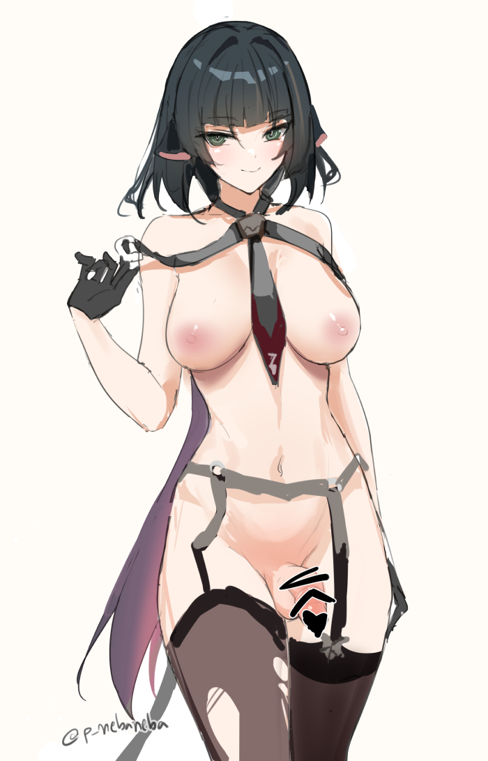 1futa black_gloves black_hair bob_cut breasts censored_penis dark_green_eyes functionally_nude futa_only futanari garter_belt garter_straps gloves jane_doe_(zenless_zone_zero) lingerie low_ponytail medium_breasts nebaneba penis ripped_stockings simple_background solo stockings white_background zenless_zone_zero