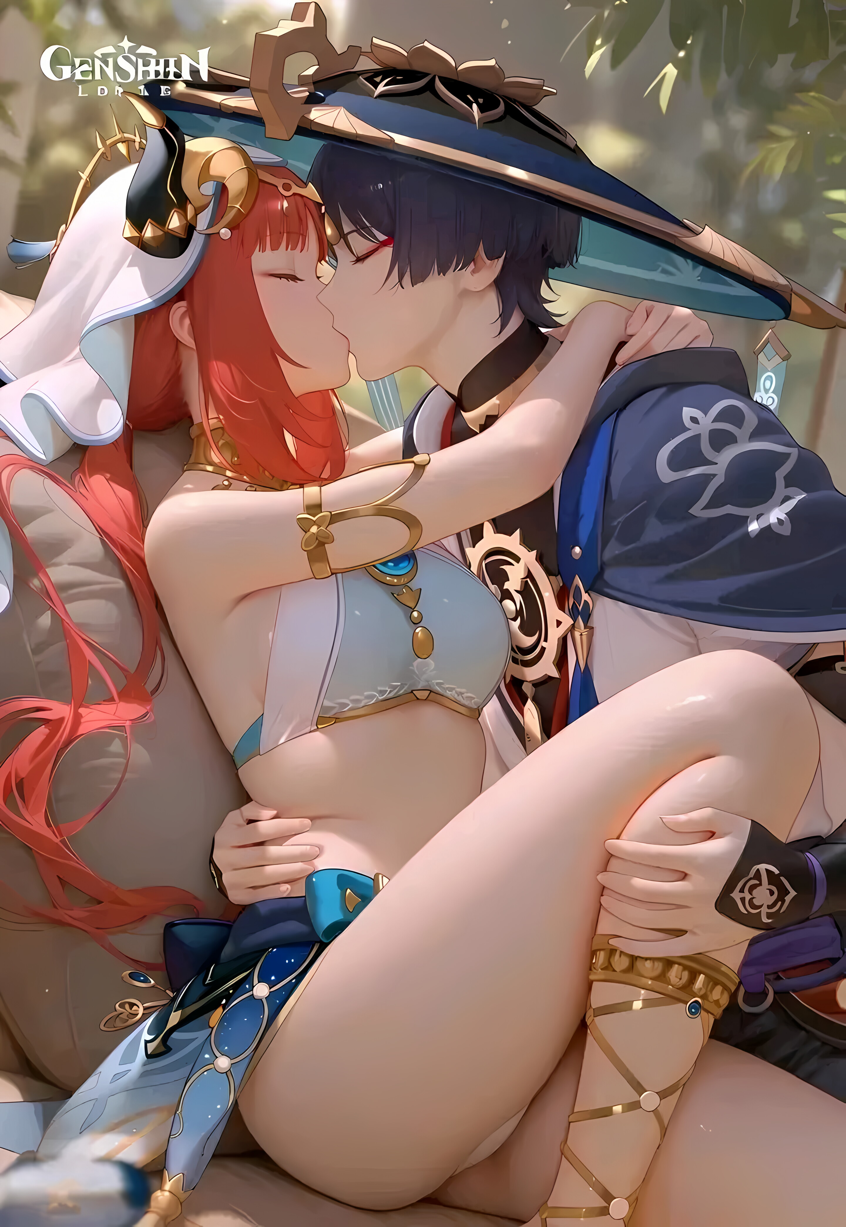 1boy, 1girls, ai generated, arms around neck, bare legs, bare thighs, closed eyes, female, genshin impact, hat, hat guy, holding, kissing, light skin, light-skinned female, long hair, making out, male, male/female, mihoyo, nilou (genshin impact), outdoors, red hair, romantic couple, scaramouche (genshin impact), straight