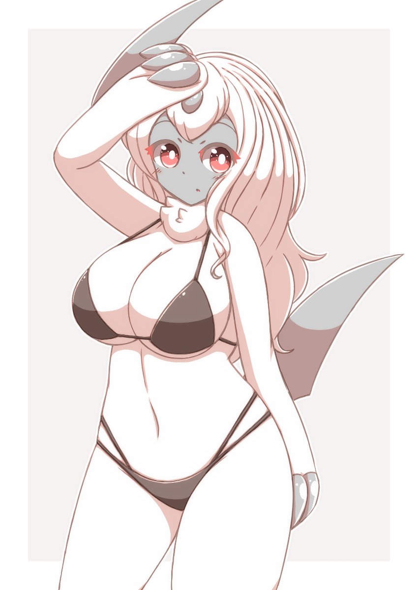 1girls 2021 absol anthro big_breasts bikini female female_only hand_on_forehead light_blush long_hair looking_at_viewer nintendo pokemon pokemon_(species) red_eyes solo takkatakanoji white_hair