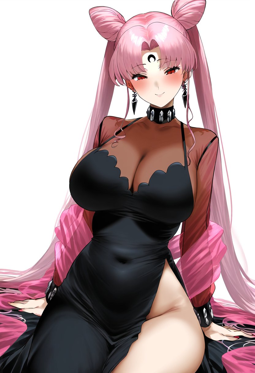 ai_generated big_breasts bishoujo_senshi_sailor_moon black_dress black_lady black_moon blush bun_hair chibi_usa cleavage clothing deko dress large_breasts pink_hair pink_hair_female